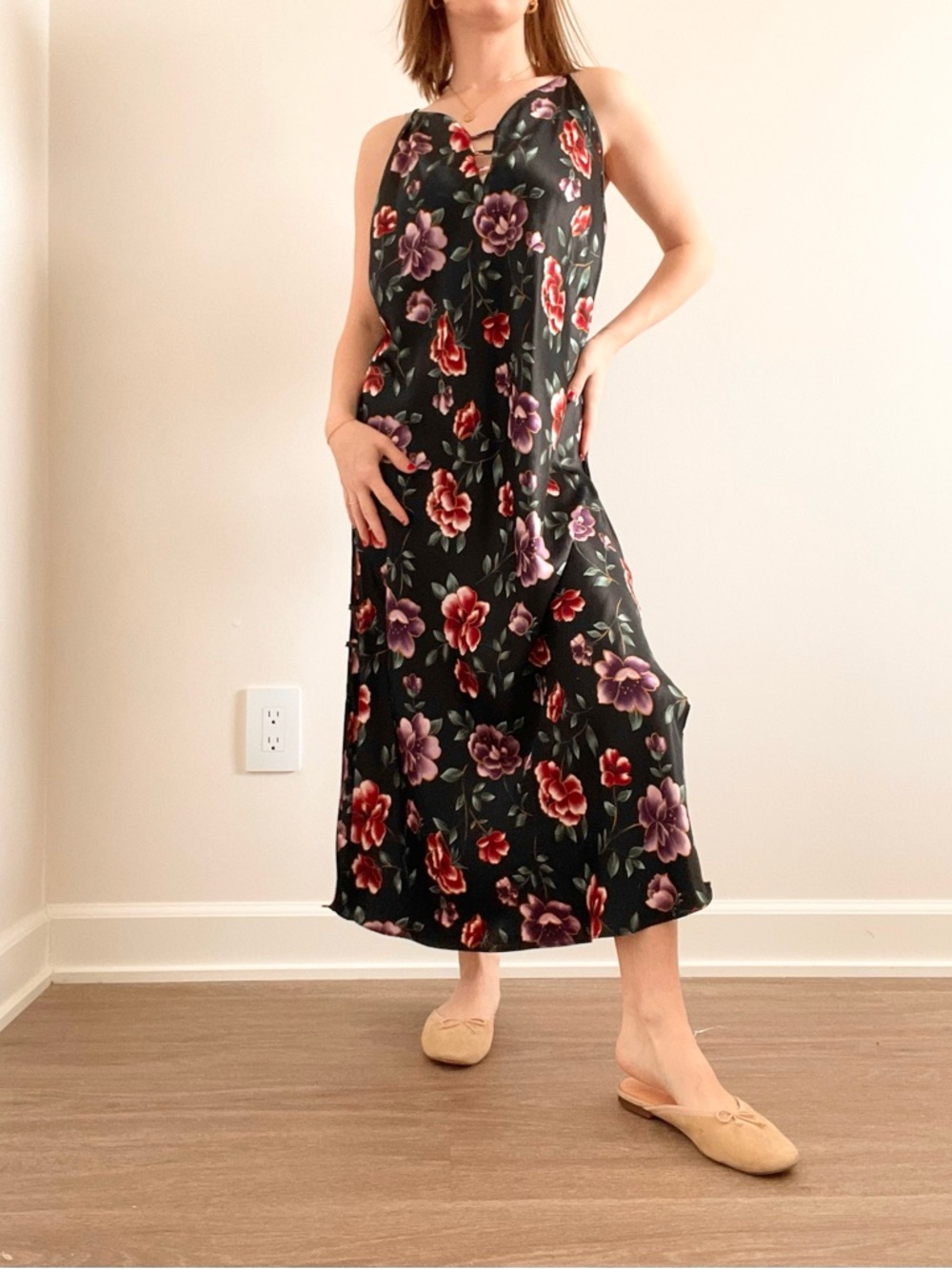 Vintage Black Floral Slip Dress with Pink & Purple Blooms